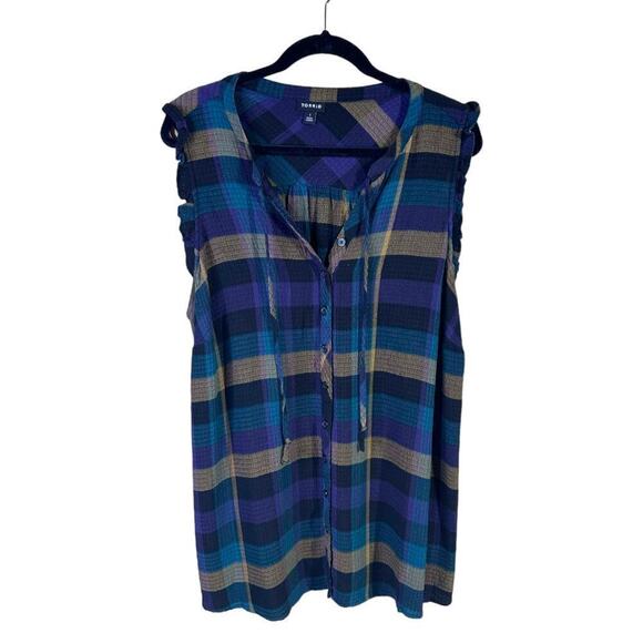 Torrid Plaid Gauze Button Front Tie Neck Tank Purple Green Gold Black Size 1 - Picture 6 of 8